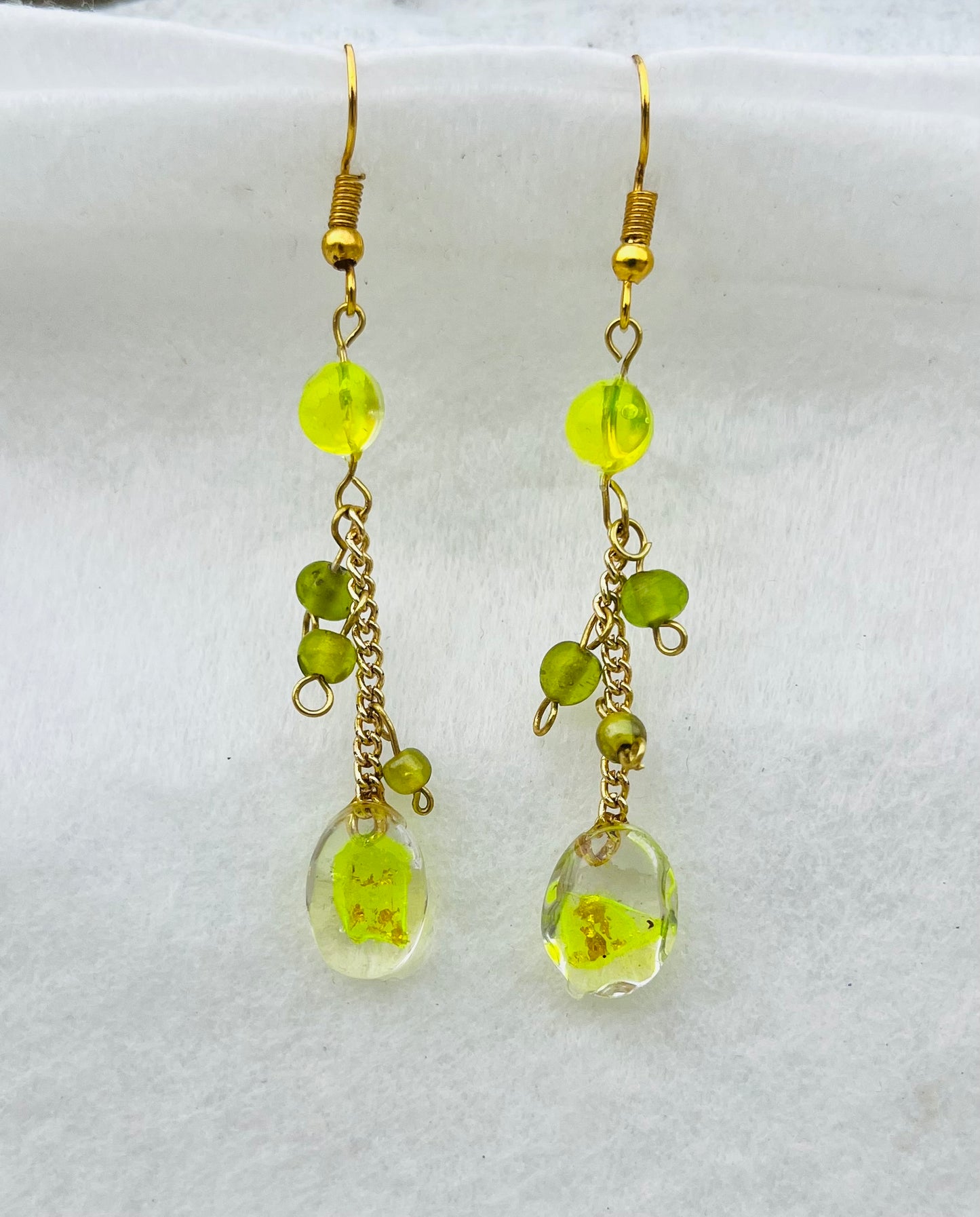 Handcrafted Lime Green & Gold Beaded Dangle Earrings