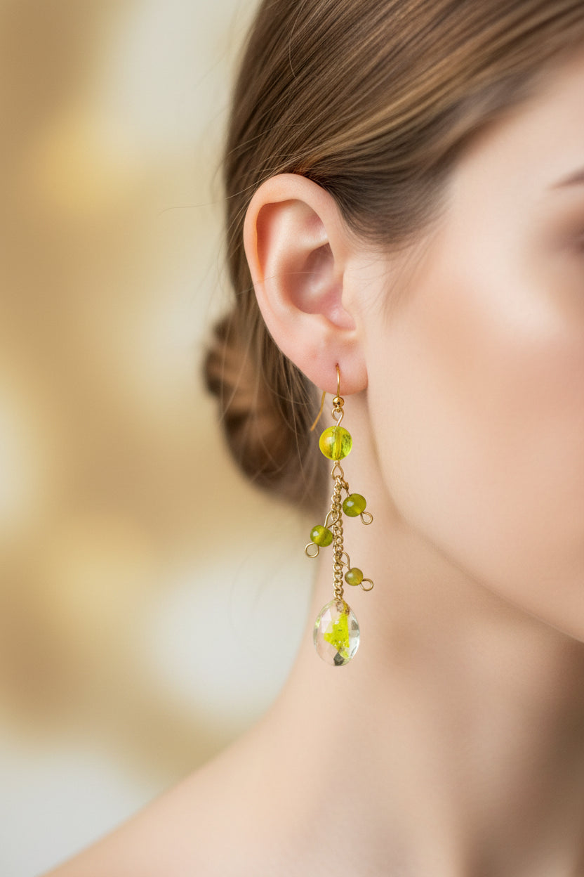 Handcrafted Lime Green & Gold Beaded Dangle Earrings