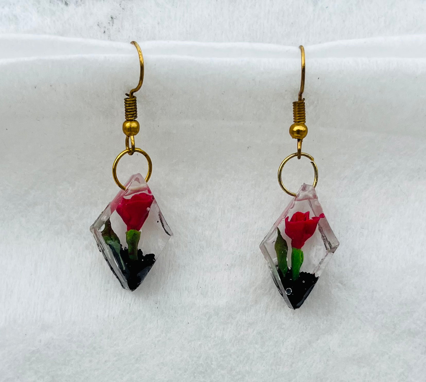 Handcrafted Encapsulated Crimson Rose Diamond Resin Earrings