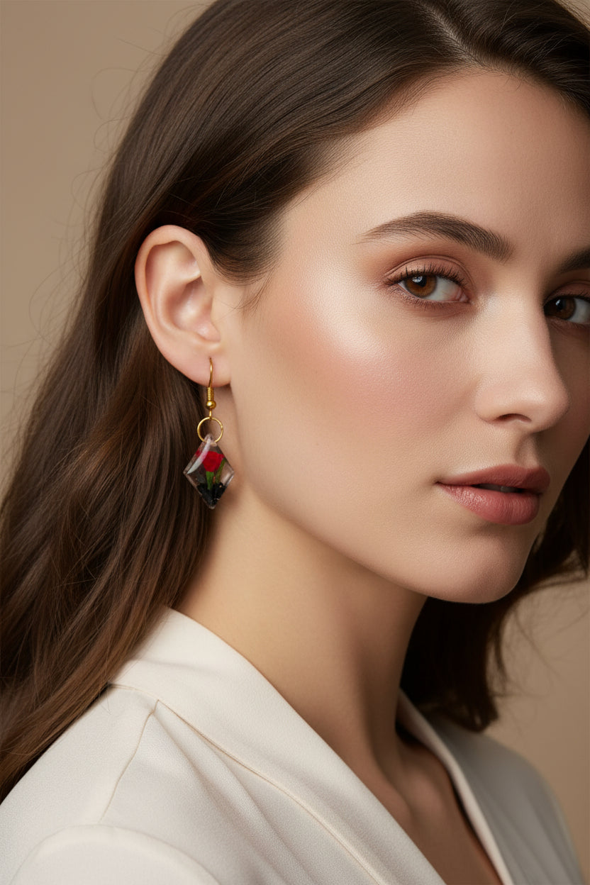 Handcrafted Encapsulated Crimson Rose Diamond Resin Earrings