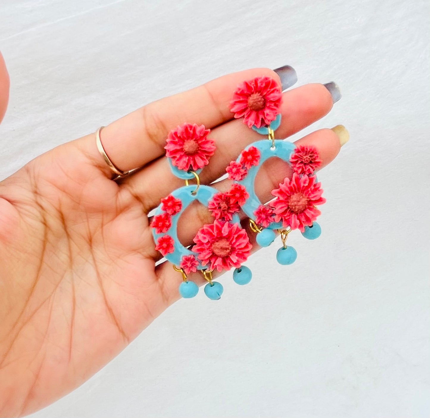 Handcrafted Sky Blue & Crimson Floral Hoop Resin Earrings