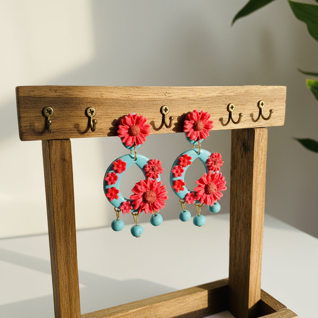 Handcrafted Sky Blue & Crimson Floral Hoop Resin Earrings