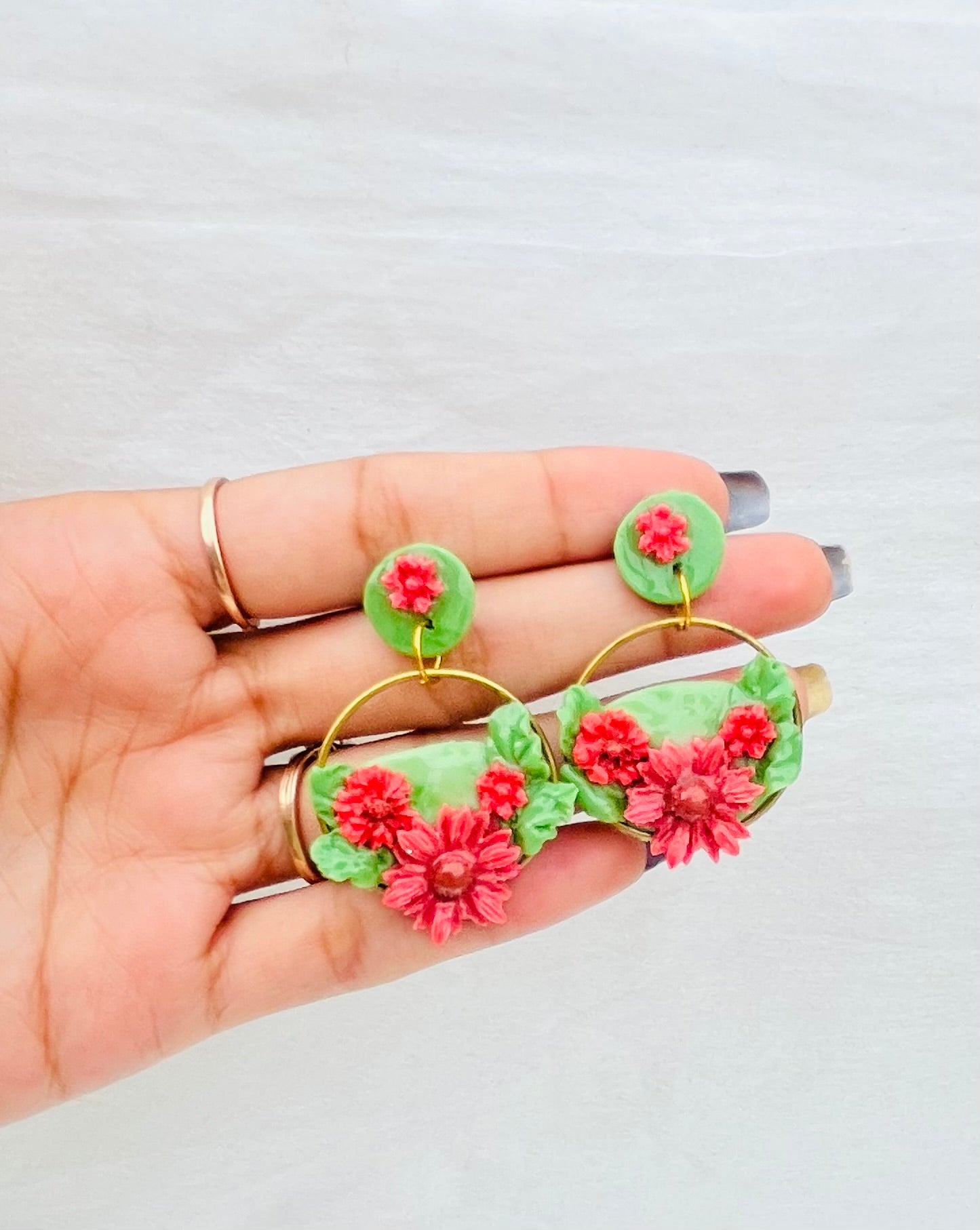 Handcrafted Floral Garden Resin Hoop Earrings|Red Flower & Green Leaf Resin Dangle Earrings