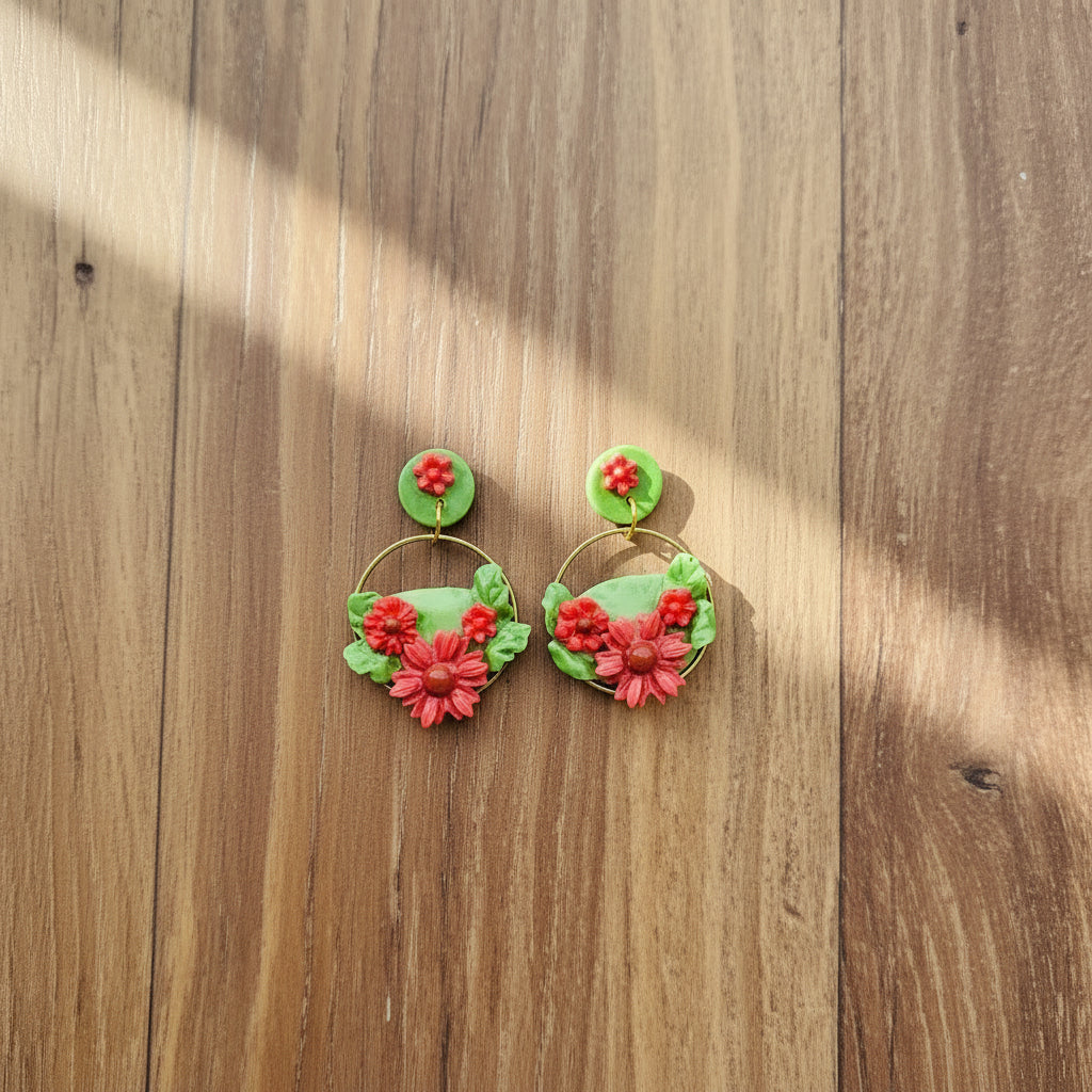 Handcrafted Floral Garden Resin Hoop Earrings|Red Flower & Green Leaf Resin Dangle Earrings