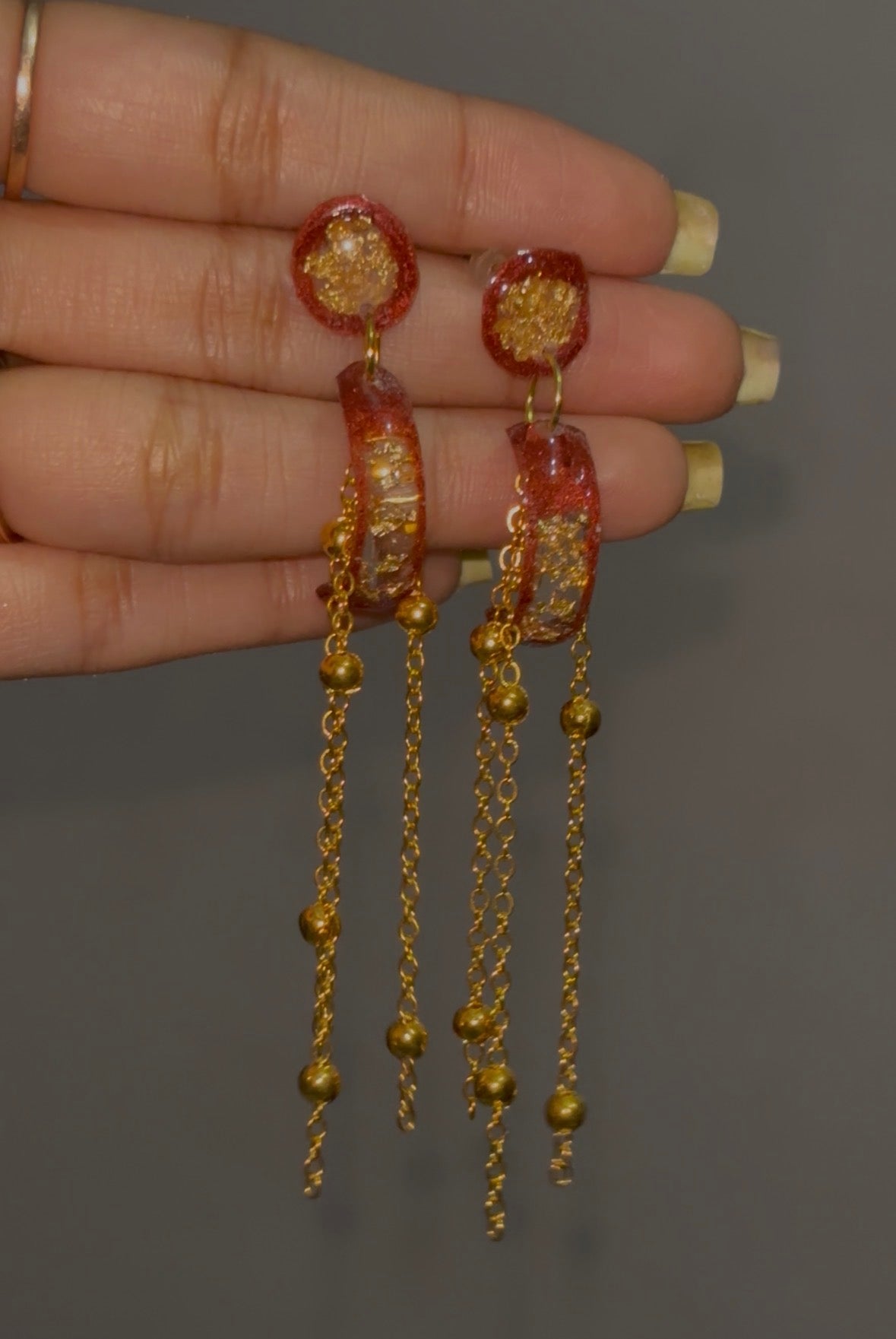 Handmade Red & Gold Glitter UV Resin Multi-Chain Dangle Earrings | Statement Tassel Jewelry