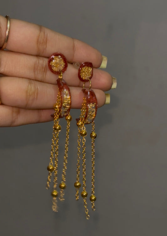 Handmade Red & Gold Glitter UV Resin Multi-Chain Dangle Earrings | Statement Tassel Jewelry