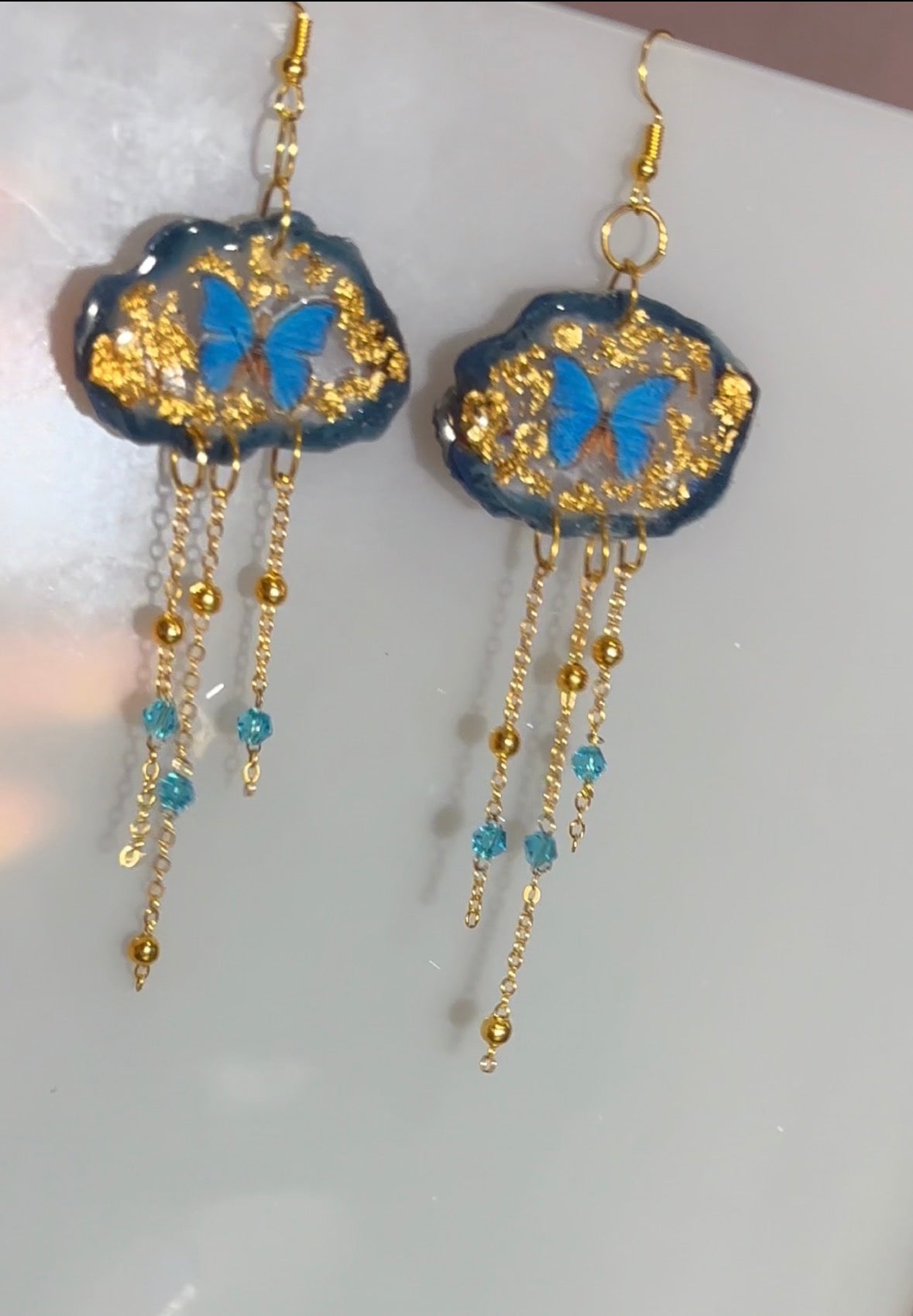 Handmade Blue Butterfly Cloud UV Resin Dangle Earrings | Gold Leaf & Crystal Botanical Jewelry