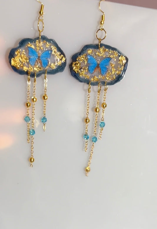 Handmade Blue Butterfly Cloud UV Resin Dangle Earrings | Gold Leaf & Crystal Botanical Jewelry