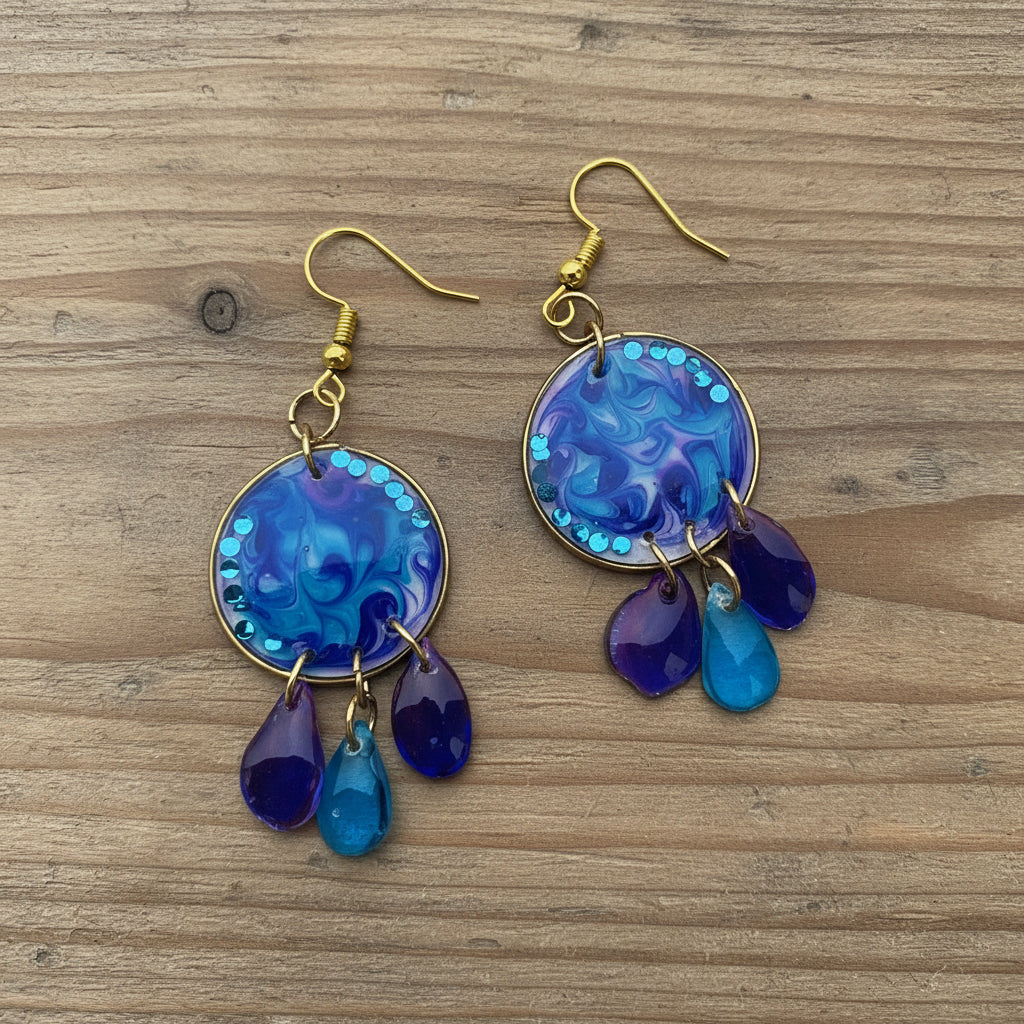 Handmade Blue & Purple Resin Chandelier Jewelry with Gold Finish