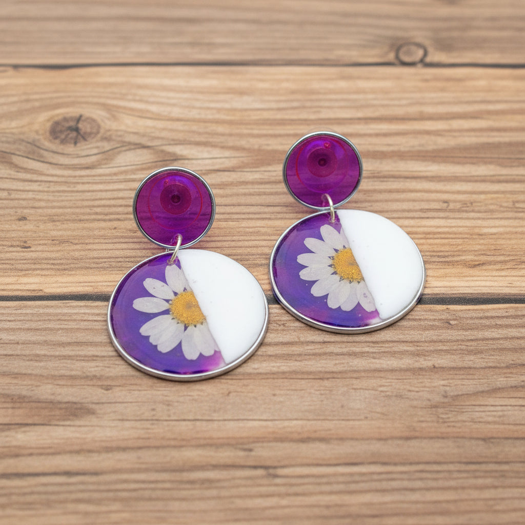 Midnight Blossom Resin Stud Earrings - Purple & White Split Design with Preserved Daisy