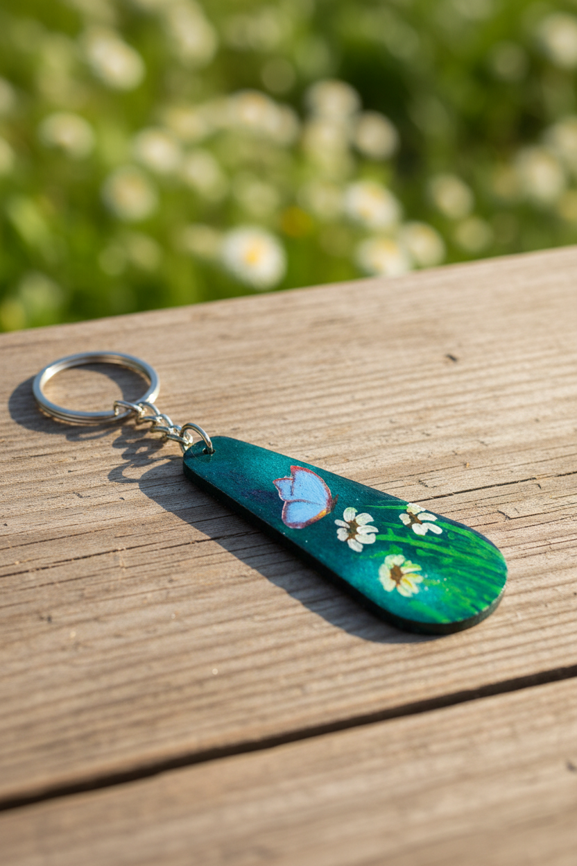 Keychain with a blue butterfly and flowers design on a green background