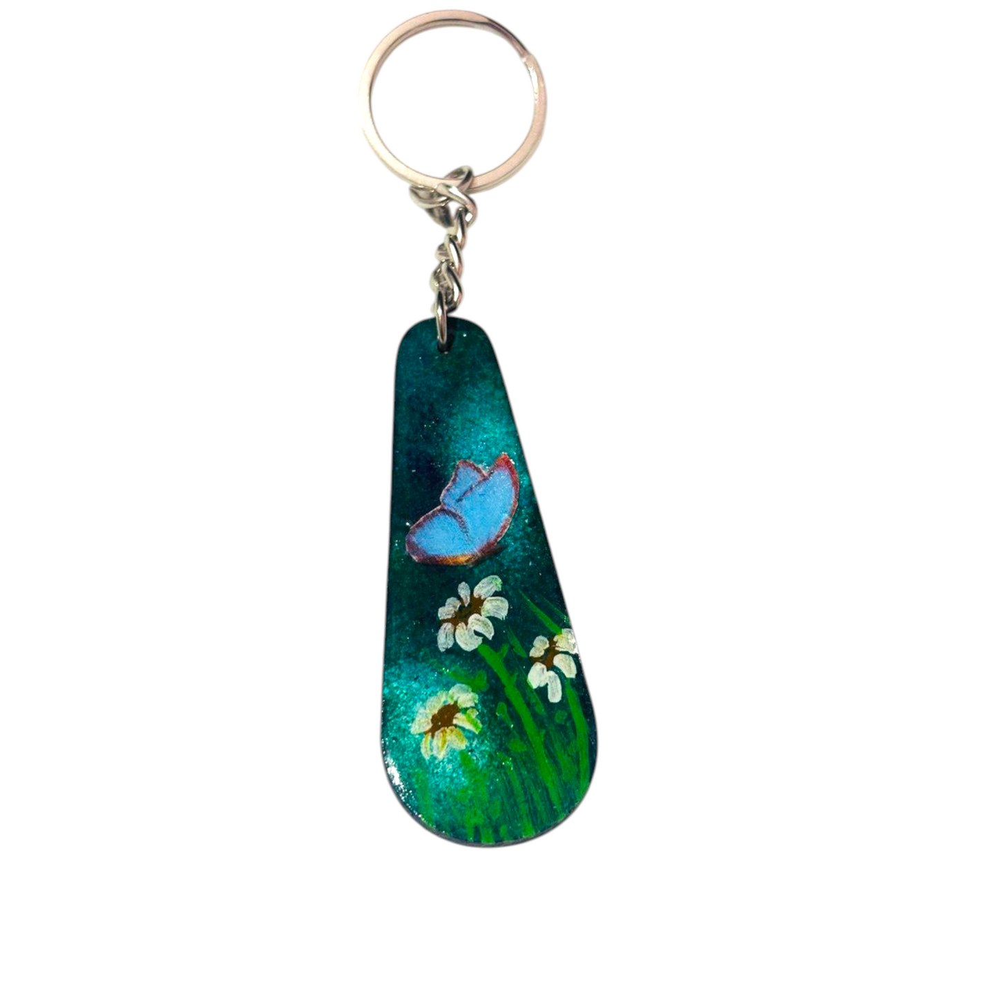 Hand-Painted Teal UV Resin Butterfly Keychain