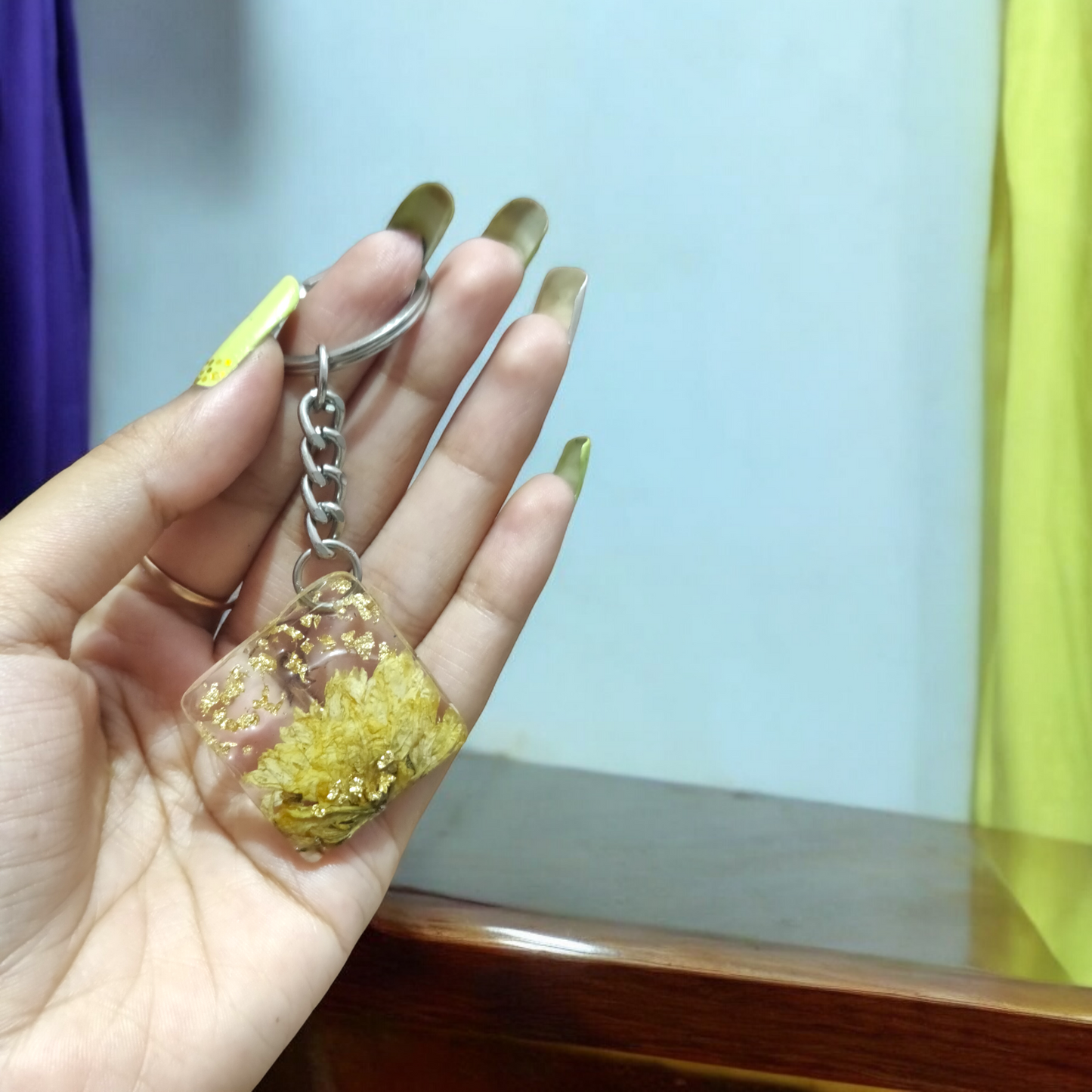 Square UV Resin Preserved Flower Keychain