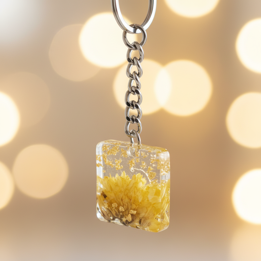 Square UV Resin Preserved Flower Keychain