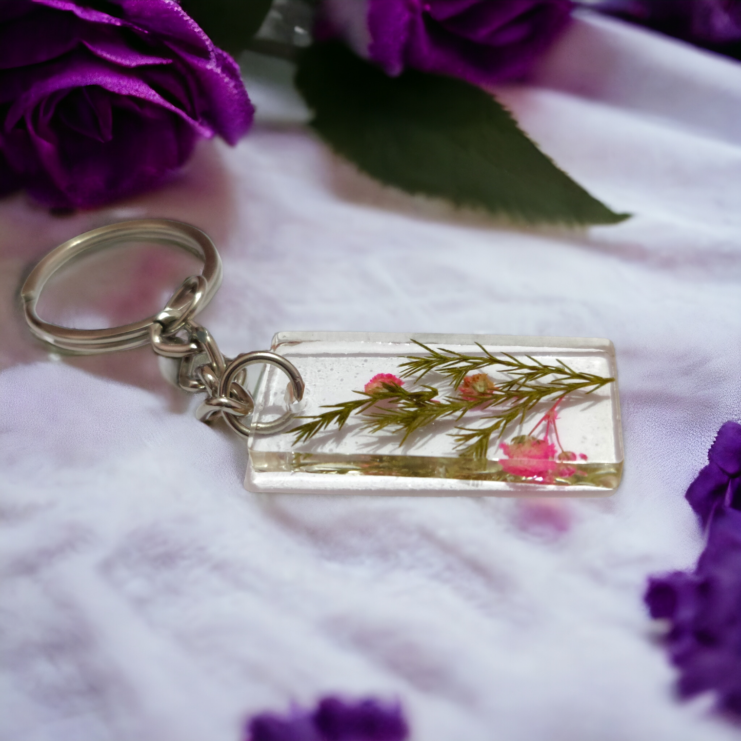 Slim Rectangle UV Resin Botanical Keychain