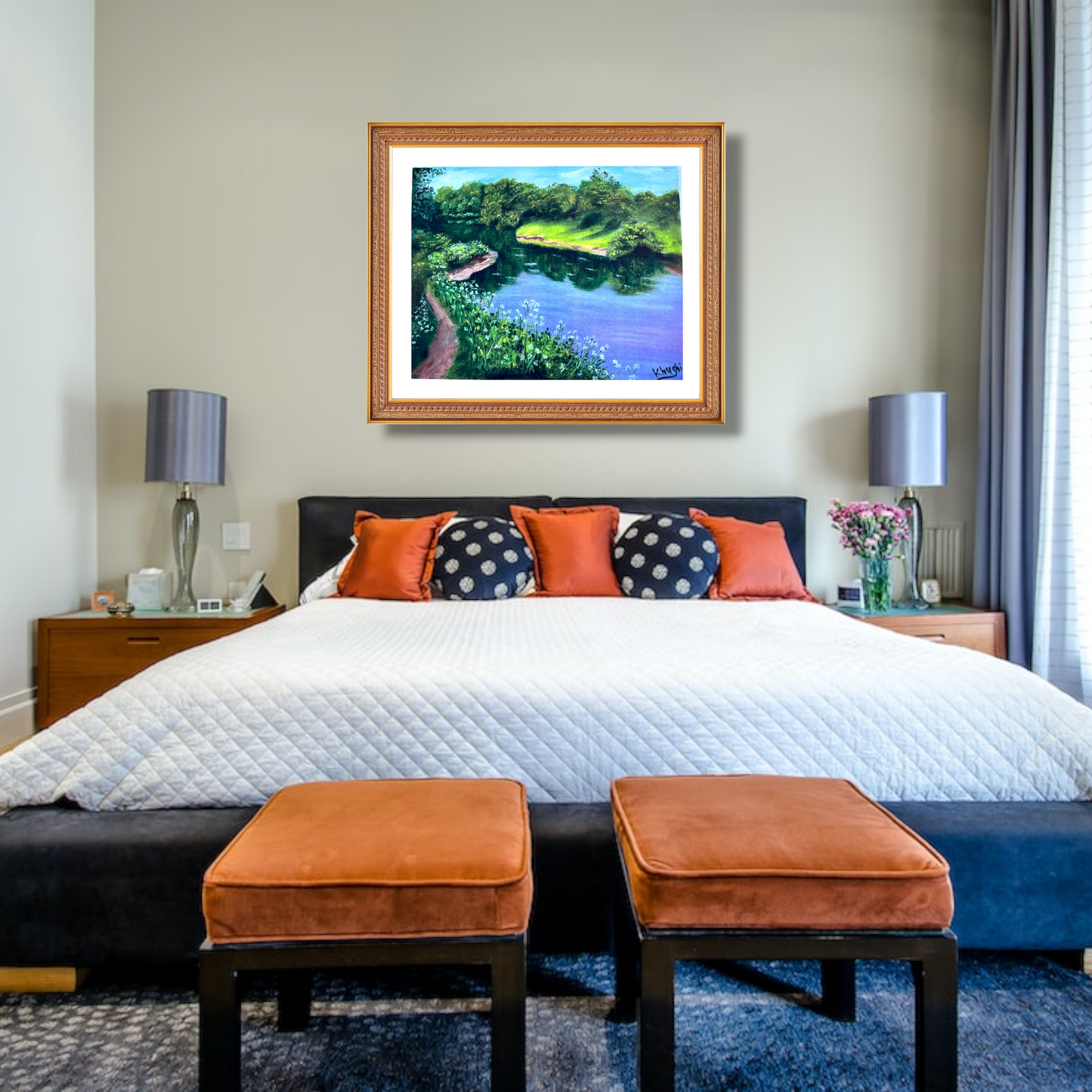 Original Paintings , Emerald Valley River|Oil on Canvas with Resin Coated 14x12in(framed)