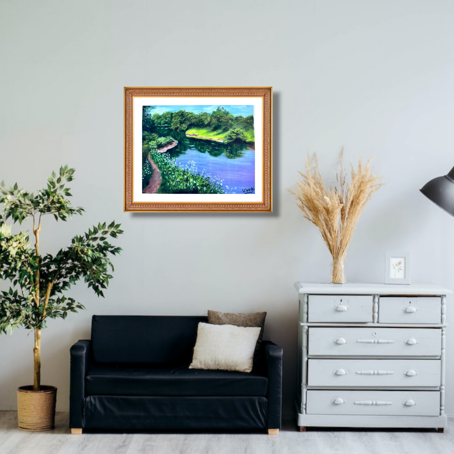 Original Paintings , Emerald Valley River|Oil on Canvas with Resin Coated 14x12in(framed)