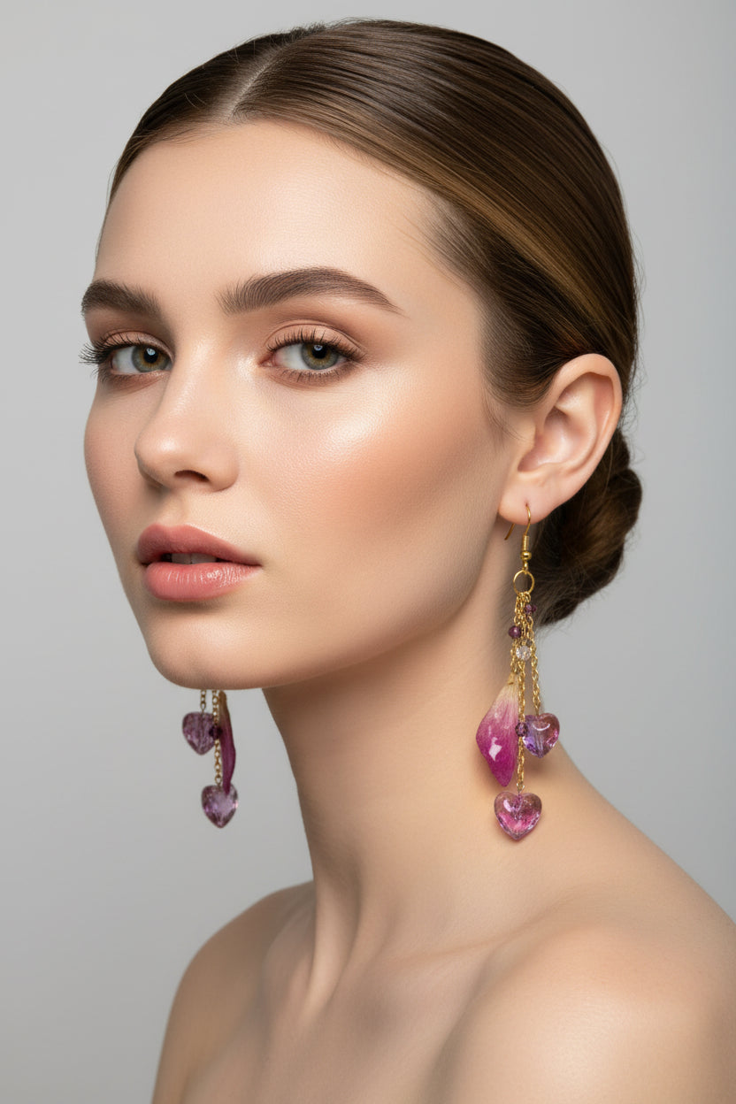 Real Purple Petal & Resin Heart Dangle Earrings with Gold-Tone Chains