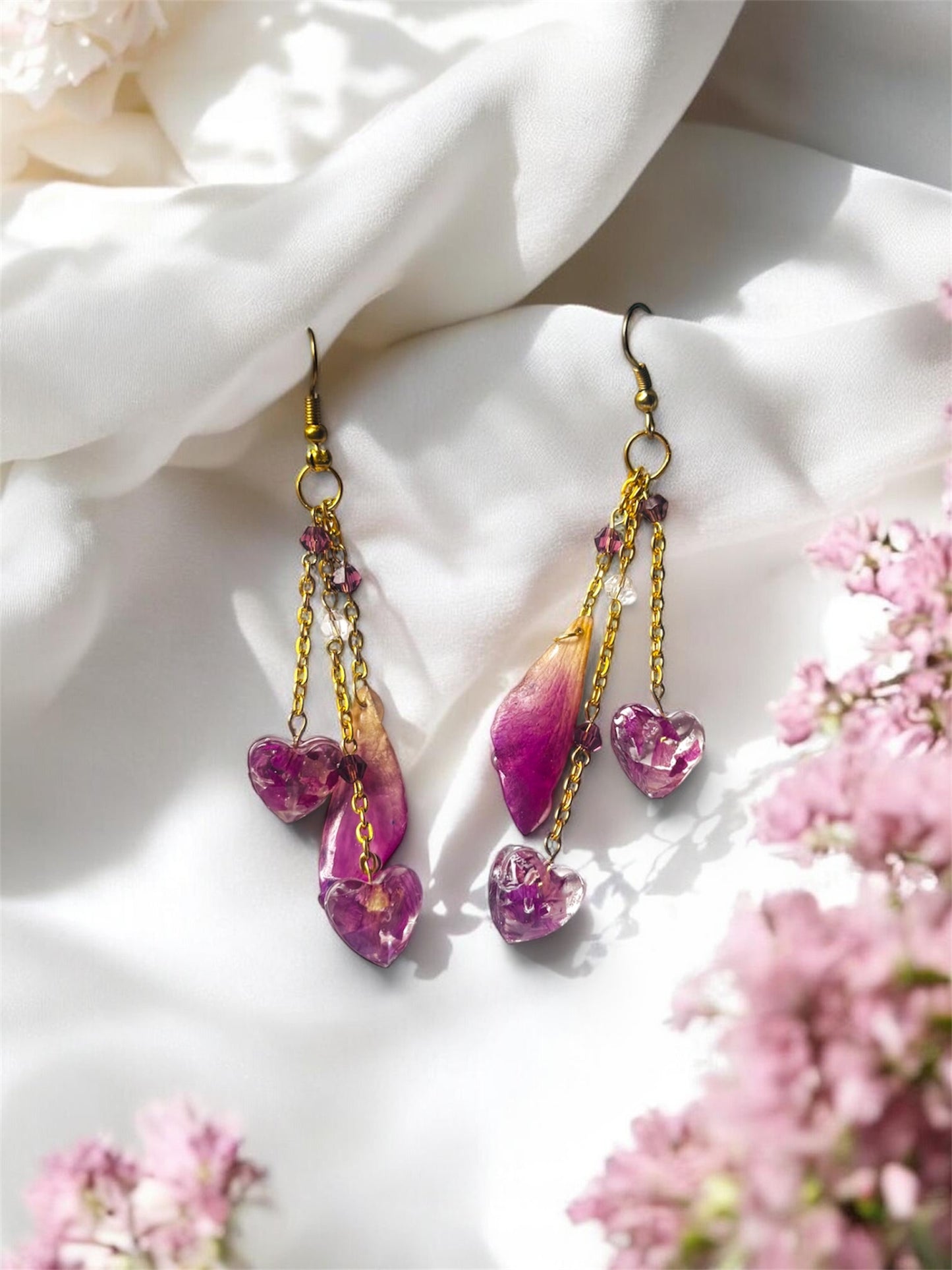Real Purple Petal & Resin Heart Dangle Earrings with Gold-Tone Chains