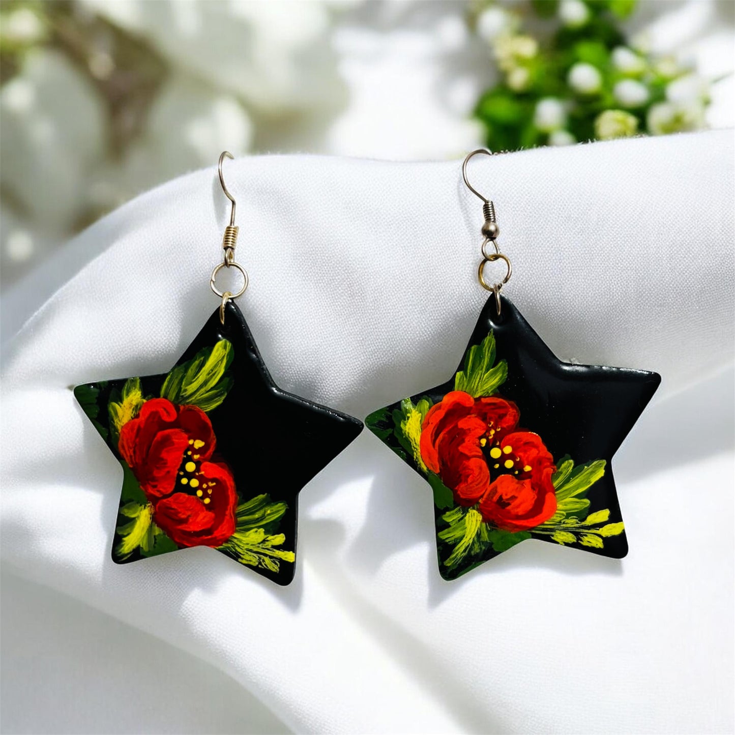 Hand-Painted Floral Star Earrings | Black Statement Dangles with Red Blooms