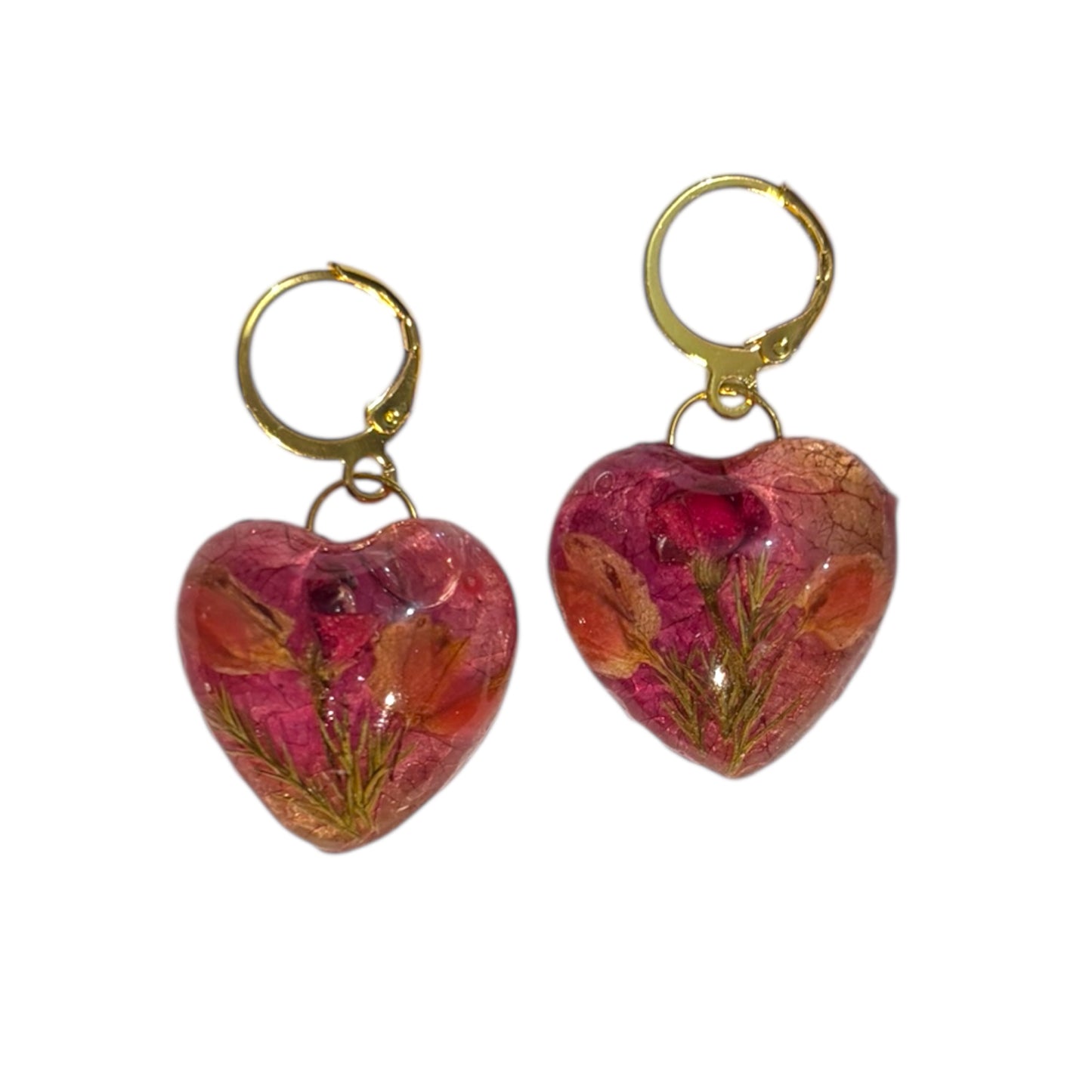 Handmade Dried Flower & Fern Clear UV Resin Heart Dangles