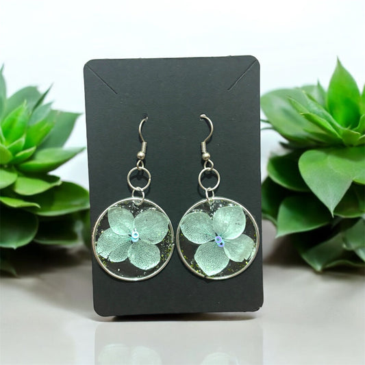 Handmade Pale Mint Hydrangea & Clear UV Resin Silver Drop Earrings