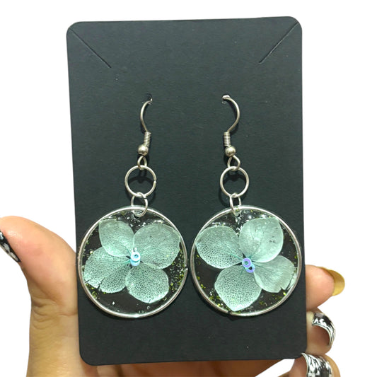 Handmade Pale Mint Hydrangea & Clear UV Resin Silver Drop Earrings