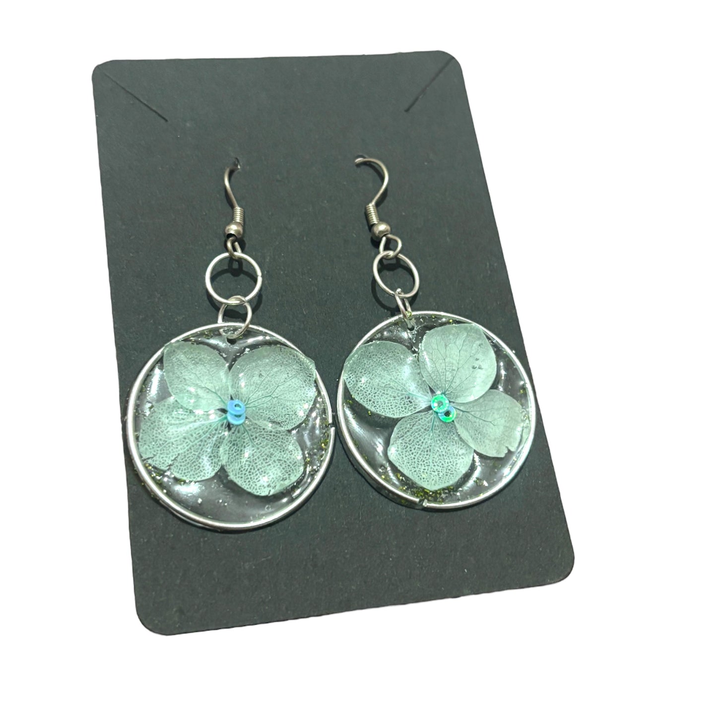 Handmade Pale Mint Hydrangea & Clear UV Resin Silver Drop Earrings